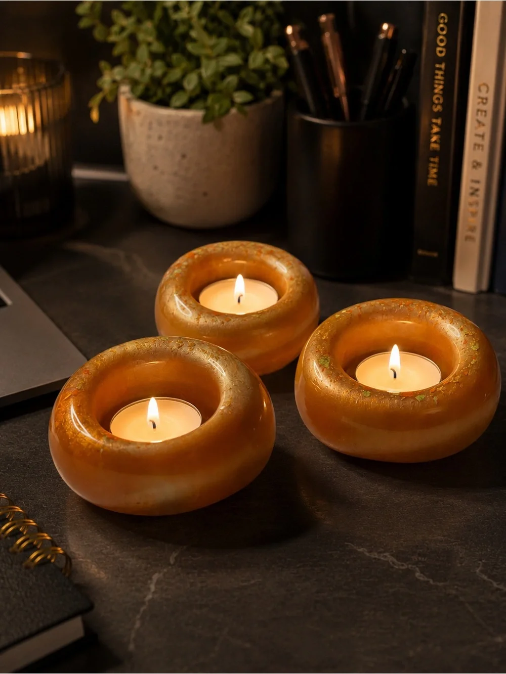 Handcrafted Amber Gold Ceramic Tea Light Holders - Set of 3